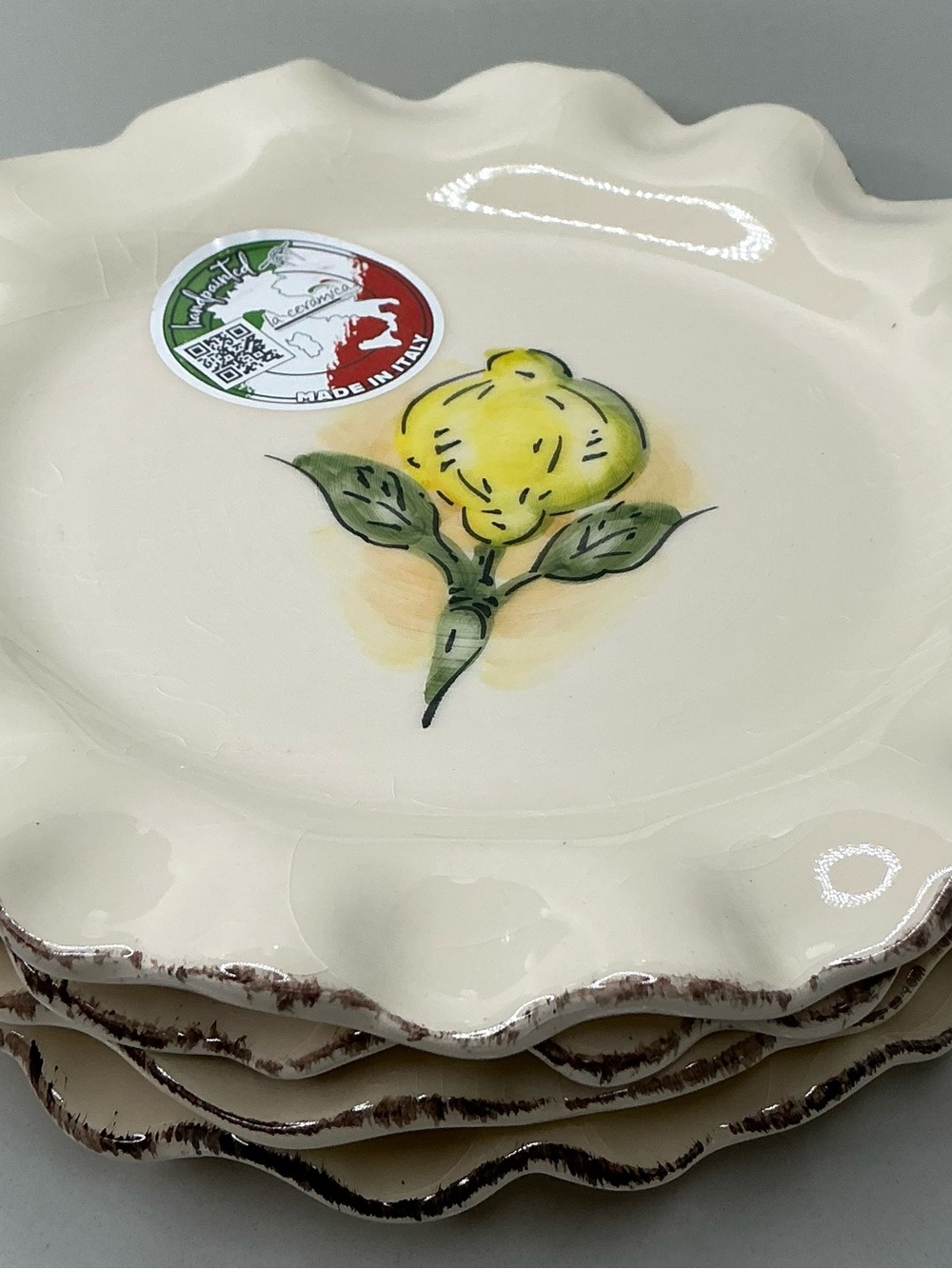4 La Ceramica Salad Plates D’Italia Hand Painted Lemon Design Scalloped Edge New